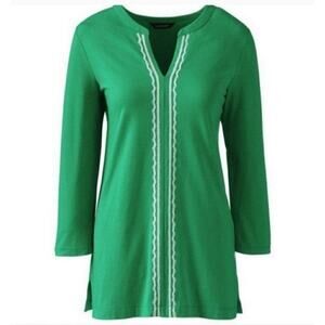 🔥Lands' End Embroidered Split Neck Tunic Shirt Green Women's Size Small Cotton